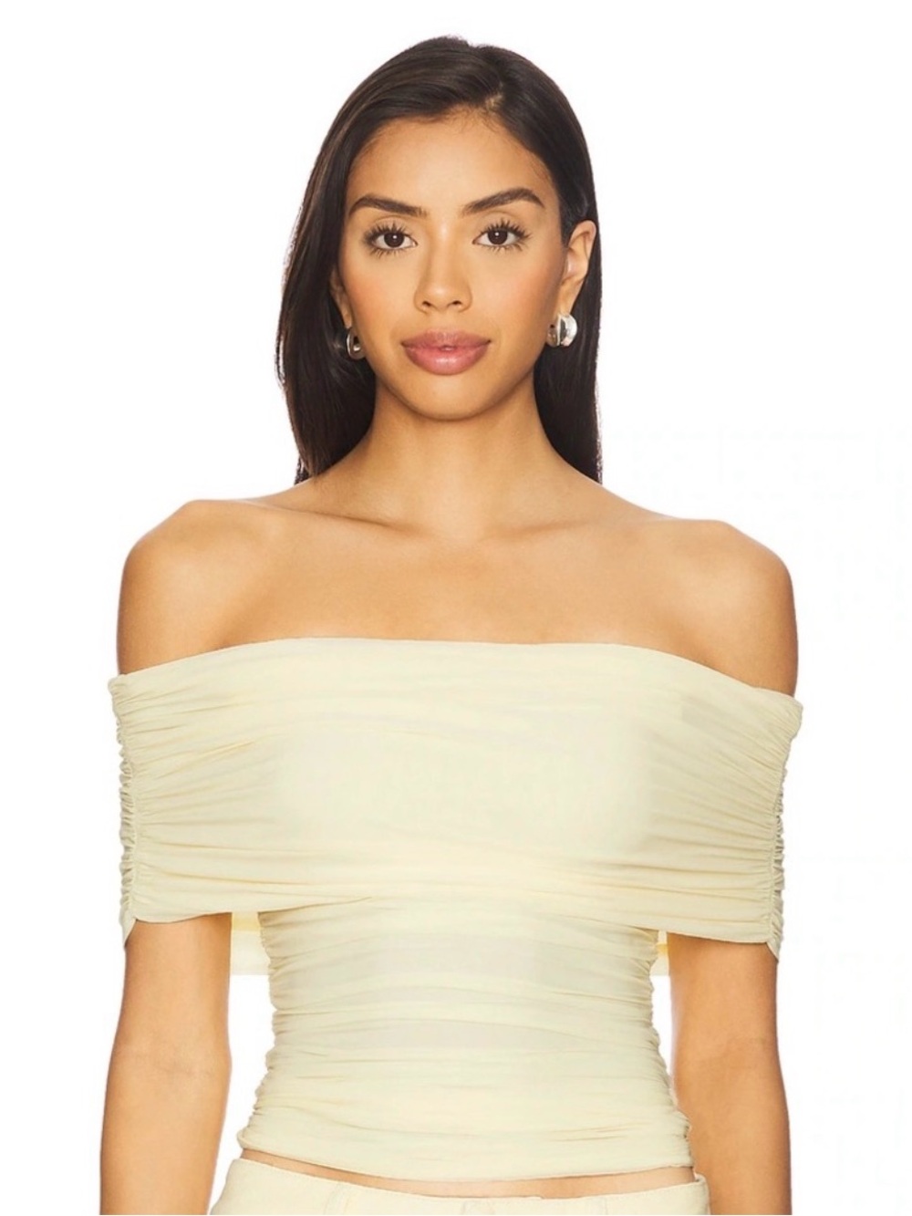 Ronny Kobo Collection Off-Shoulder Ruched Crop Top in Pale Yellow